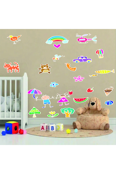 Renkli Doodle Çizim Figürler Çocuk & Bebek Odası Duvar Sticker Seti (25 Parça)