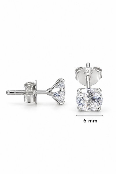 Elika Silver 925 Ayar Gümüş 6 mm Tektaş Ekstra Parlak Zirkon Taşlı Çivili Küpe