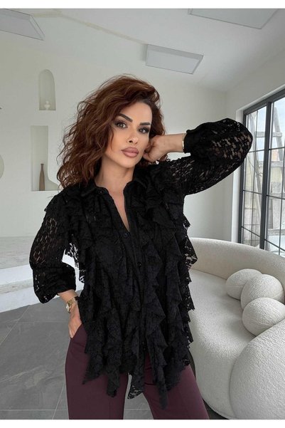 Eswomes Ful Dantel Fırfırlı Lüks Gömlek Siyah