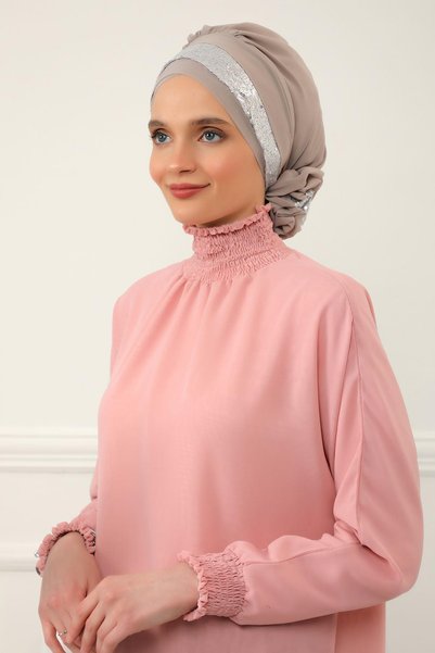 METKAR عمامة جاهزة من الشيفون بتصميم خاص مزينة بالترتر اللامع، HT-47P مينك - فضي