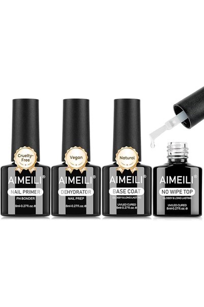 AIMEILI مجموعة من 4 قطع: برايمر ومجفف للأظافر، وقاعدة مطاطية، 8 مل، تركيبة جل...