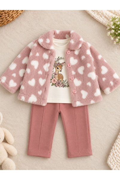 Elçi Kız Bebek Kışlık 3'lü Takım Peluş Montlu Geyik Baskılı Sweatshirt Ve Pan...