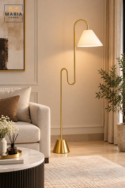 MARIA HOMES مصباح أرضي ذهبي عصري |   مصباح أرضي أنيق ذهبي معدني بإطار منحوت ع...