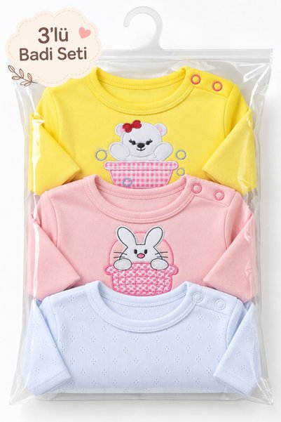 Babyhola 3-Piece Baby Bodysuit Set, 100% Cotton, Long Sleeves, Snap Fasteners