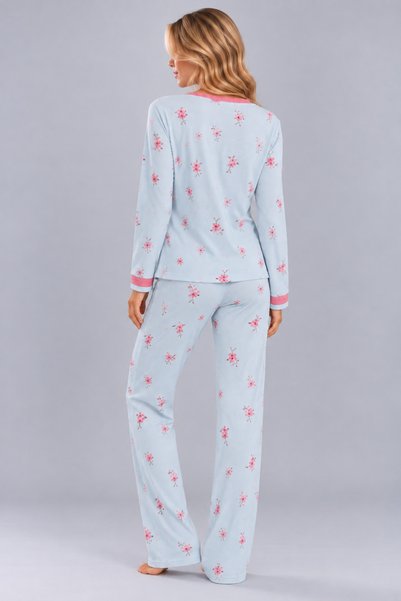 Pijamask Kadın Çiçek ve Kelebek Desenli V Yaka Düğmeli Uzun Kollu Kaşkorse Pijama Takımı