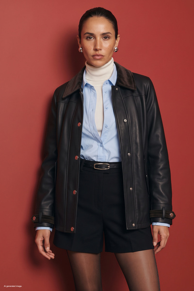 Sateen Women's Velvet Detailed Leather Jacket 2349-6637