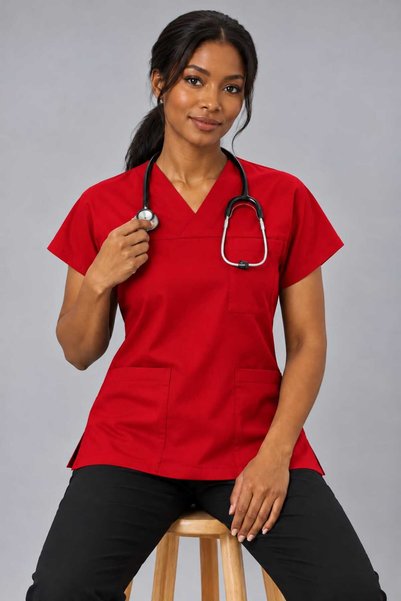 EMİR MEDİKAL (E-Flex) Red Lycra Women's Single Top Non-Ironing Nurse and Doctor Uniform Scrubs Hospital Uniform