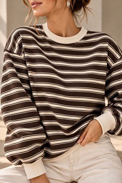 bb butik basic Kadın Çizgili Bisiklet Yaka 2 İplik Sweatshirt Rahat Kalıp MY3535