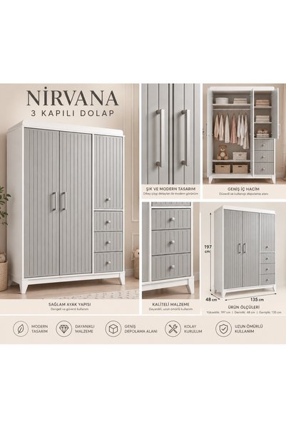 Aymini Nirvana 3 Kapılı Dolap Beyaz Duman Gri 135 cm