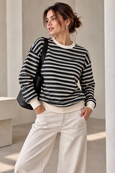 bb butik basic Kadın Çizgili Bisiklet Yaka 2 İplik Sweatshirt Rahat Kalıp MY3535