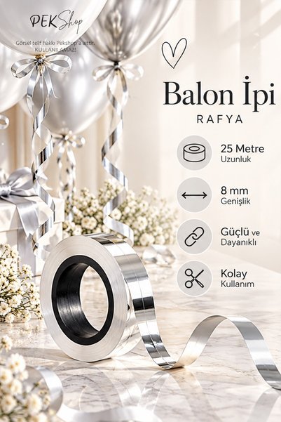 PEKSHOP Gümüş Rafya Balon İpi - 25 Metre - 1 Adet Metalik Gümüş