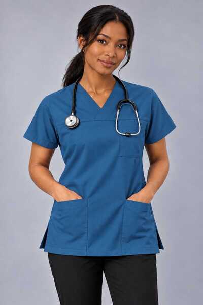 EMİR MEDİKAL (E-Flex) Petrol Blue Lycra Women's Single Top Non-Ironing Nurse and Doctor Uniform Scrubs Hospital Uniform