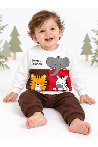 Oz Baby Baby Boy Set Seasonal Shoulder Snap Fastener Elephant Tiger Zebra Printed Top and Bottom Set 9-24 Months
