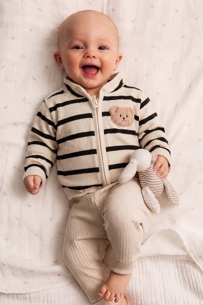 Lilabio %100 Pamuk Hakim Yaka Uzun Kol Ayıcık Aplikeli Unisex Bebek Hırka