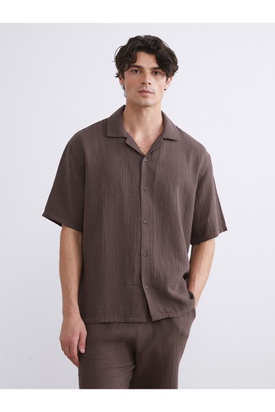 LC Waikiki I Stay Comfortable Cuban Roba Collar Short Sleeve Muslin Men's Shi...