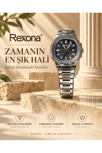Rexona ساعة يد رجالية بمينا أسود وحزام فولاذي فضي اللون مقاس 38 ملم مع تقويم ...