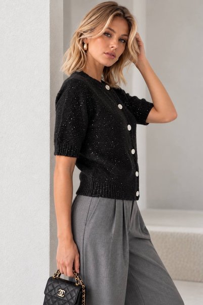Arbucky Women's Crew Neck Silver Button Sequined Short Sleeve Knitwear Cardigan