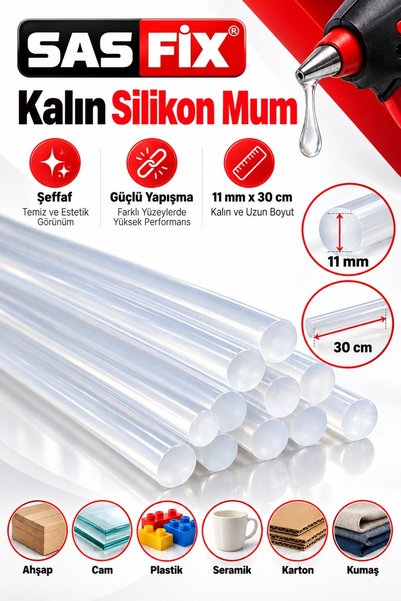 Fevito SAS FIX 1 Adet Kalın Sıcak Silikon Tabancası Mumu 11 mm x 30 cm Şeffaf...