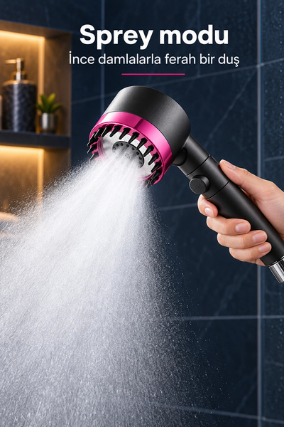 Tilbe Home 3 Modlu Filtreli Duş Başlığı Yüksek Basınçlı Silikon Masaj Uçlu Yağmur Sprey Tazikli Stop Tuşlu Mor