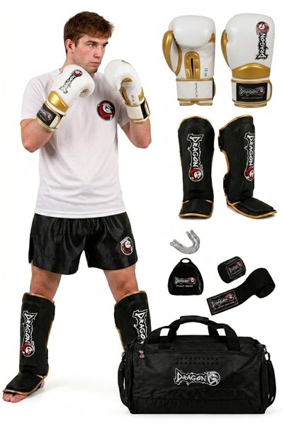 Dragondo Carbon Kick Boxing Muay Thai 5-Piece Set - Gloves, Shin Guard, Banda...