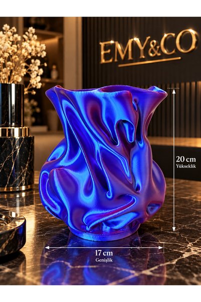 EMYCO. EMY&CO Metalik Mavi Mor Geçişli Dekoratif Vazo 20 cm – Modern Dalgalı ...