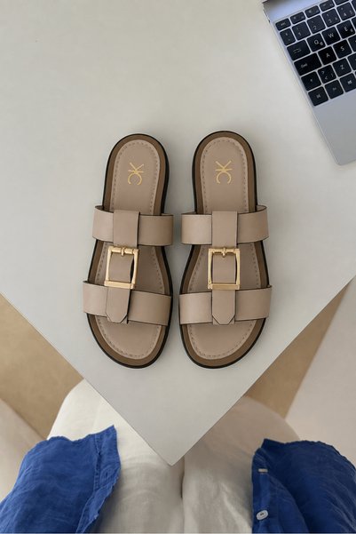 Hepsi Moda Belt Detailed Leather Slippers - Z02 - Stone