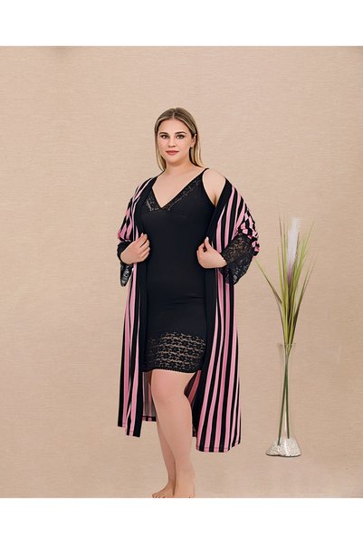SENORAMODA Large Size Stripe Patterned Lace Embroidered 2-Piece Viscose Black...