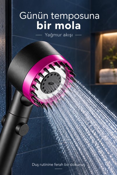 Tilbe Home 3 Modlu Filtreli Duş Başlığı Yüksek Basınçlı Silikon Masaj Uçlu Yağmur Sprey Tazikli Stop Tuşlu Mor
