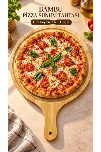 Genel Markalar Bambu Pizza Sunum Tahtası 38x26 cm Saplı Ahşap Servis Tahtası