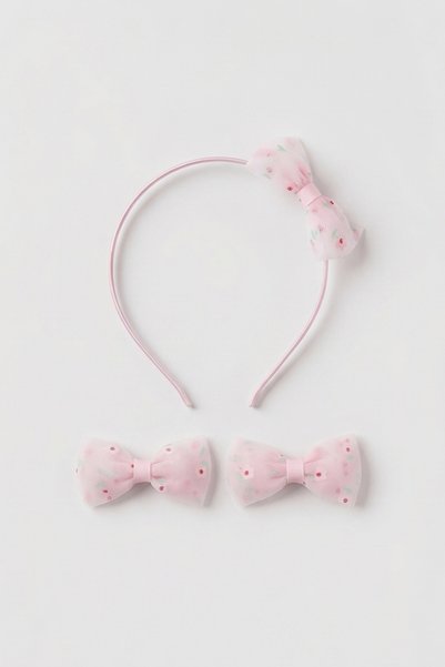 Le Mabelle Pink Flower Figured Bow Girl's Crown and Clip Hairpin Set