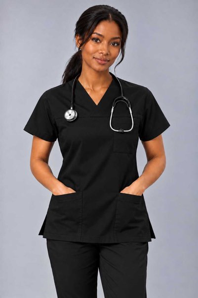EMİR MEDİKAL (E-Flex) Black Lycra Women's Single Top Non-Ironing Nurse and Doctor Uniform Scrubs Hospital Uniform