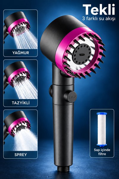 Tilbe Home 3 Modlu Filtreli Duş Başlığı Yüksek Basınçlı Silikon Masaj Uçlu Yağmur Sprey Tazikli Stop Tuşlu Mor