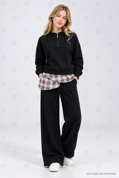 Minimoda Kids Set de trening pentru fete, cu glugă, cu jumătate de fermoar, cămașă în carouri, cu pantaloni largi, din două piese