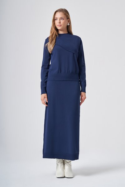 Nuss Blouse Piece Detail Knitwear Skirt Set 705 Navy Blue