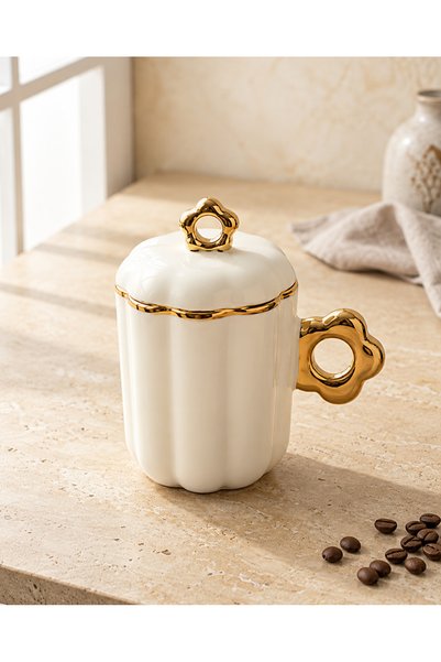 Manolya renkli kapaklı porselen kupa 300 ml – Beyaz