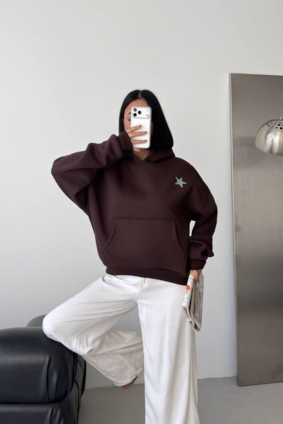 Neşeli Butik Women's Brown Oversized Hooded Stone Star Detailed Oversized Swe...
