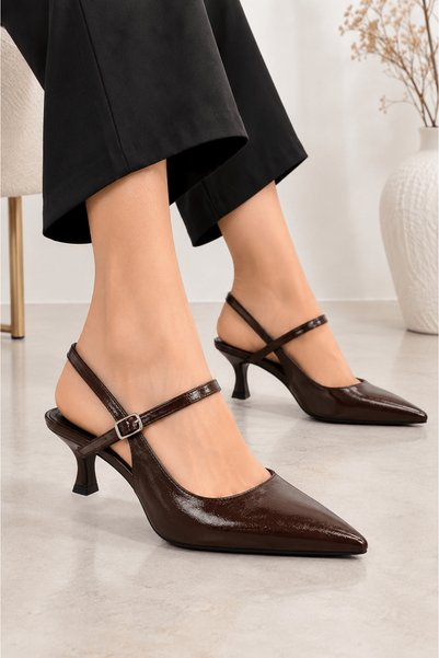 Hepsi Moda Open Back Pointed Toe Wrinkled Patent Leather Short Heeled Shoes -...