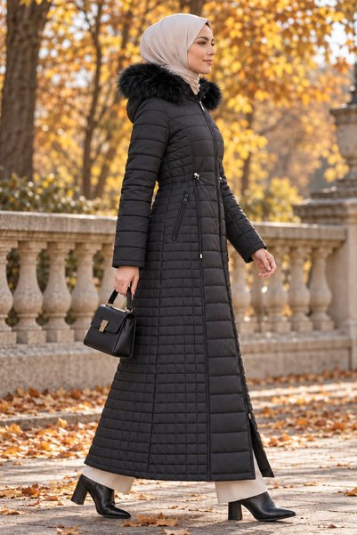 Hb Harma Time Butik Women's Hooded Zippered Black Quilted Long Coat with Fur Inside