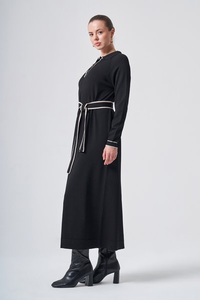 Nuss Button Detailed Belted Knitwear Rayon Dress 802 Black