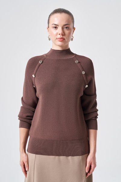 Nuss Turtleneck Shoulder Button Detailed Rayon Sweater 201 Brown
