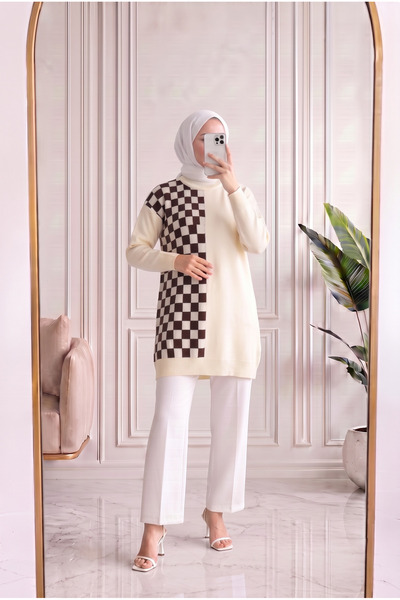 MİHRA STORE Sabiser Half Square Checkered Cold Thread Tunic-Sy3376 Cream