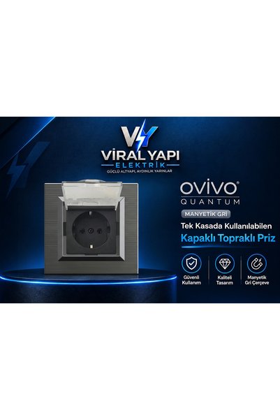 OVİVO Quantum Manyetik Gri Kapaklı Topraklı Priz