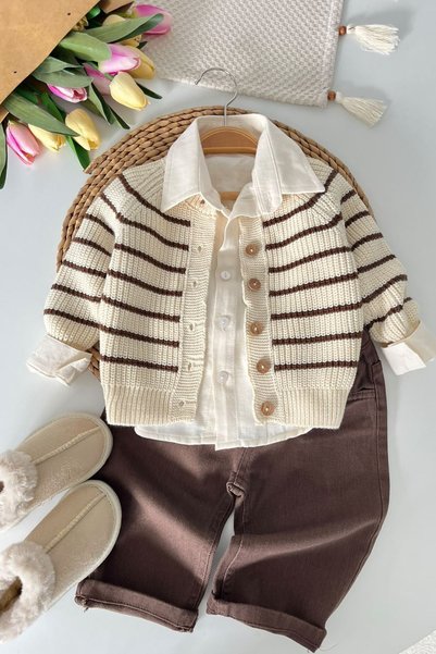 Minigimin Cicileri Striped Knitwear Cardigan Baby Boy 3-Piece Sports Set - Beige
