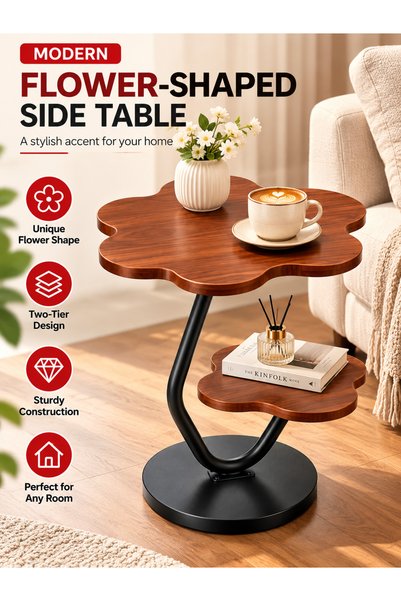 zeetwo Modern 2-Tier Flower-Shaped Side Table, Wood-Grain Top with Curved Met...