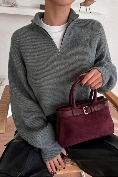 Buteks Anthracite Gray Regular Half Fisherman Bato Collar Plain Knitwear Sweater