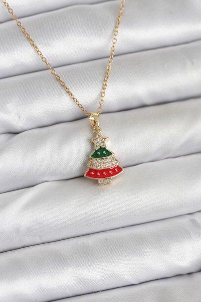 Skygo 316L Steel Chain Gold Rhine Pine Tree Model Zircon Stone Christmas Them...