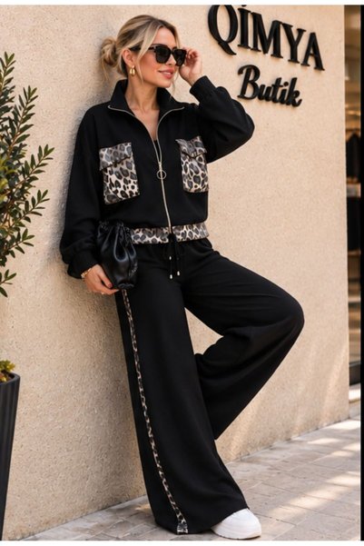QİMYA BUTİK BUKETLİ Set din două piese pentru femei, cu fustă cu buzunare, pantaloni cu model leopard din organza și top