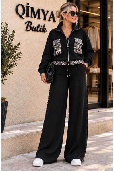 QİMYA BUTİK BUKETLİ Set din două piese pentru femei, cu fustă cu buzunare, pantaloni cu model leopard din organza și top
