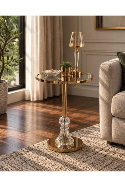 TrentonGCC طاولة جانبية زجاجية دائرية حديثة مع قاعدة زخرفية - 57 × 35 سم