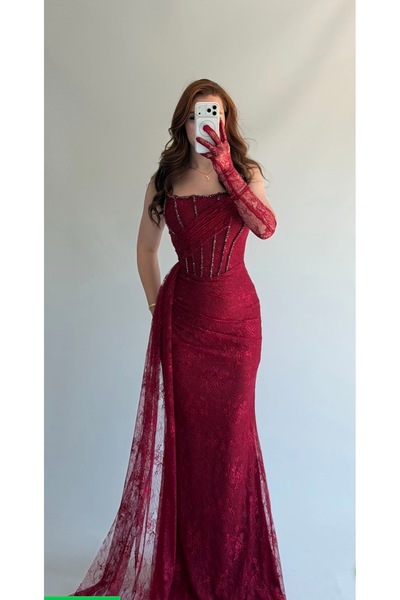 AYŞENUR BUTİK Lorea dantel abiye bordo